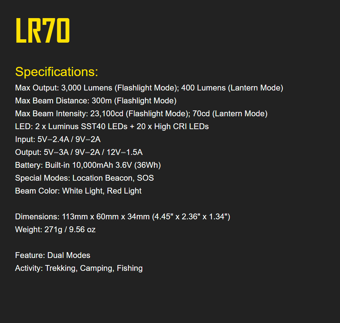Nitecore LR70 3-in-1 Rechargeable Lantern Flashlight LR70