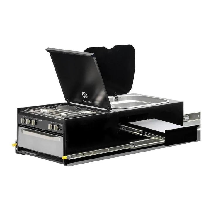 Kong Slide Out Kitchen 1200 x 500mm inc Thetford K1540 Mini Grill / MK3 Argent Sink - Black Vendor KNG-SOK1001B