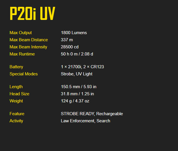 Nitecore P20iUV High-Performance Tactical Flashlight with UV Light P20IUV
