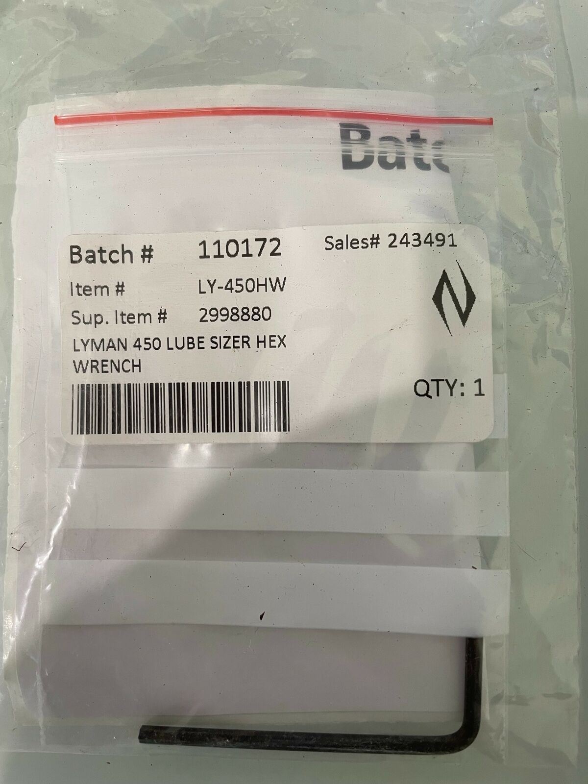 LYMAN 450 LUBE SIZER HEX WRENCH LY-450HW ***
